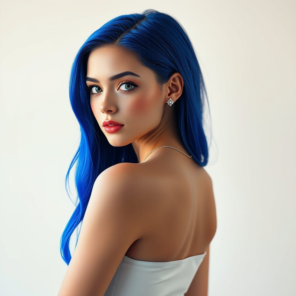 Girl in Cobalt Blue Hair and White Dress, Set Against Gradie...