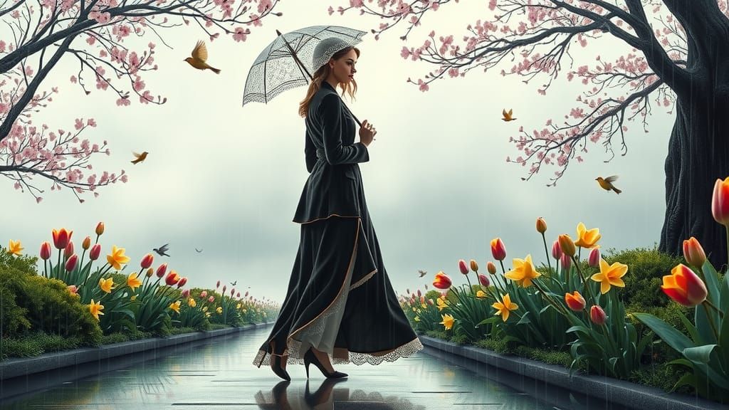 Ethereal Woman in Rain-Kissed Floral Landscape