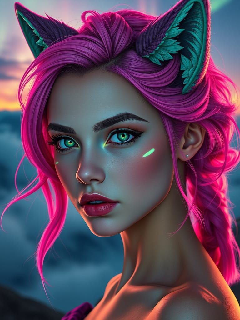 Ethereal Goddess in Neon Cyberpunk Wolf Form