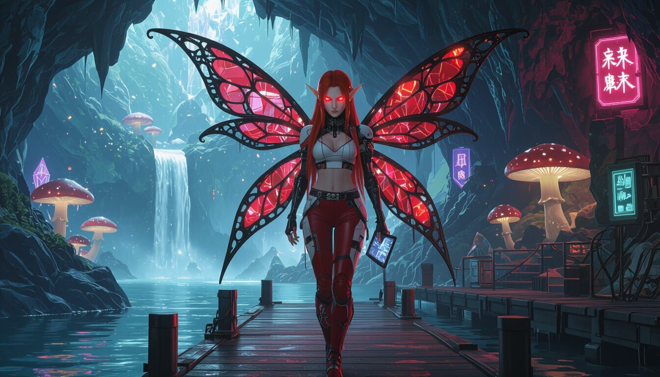 Cyberpunk Elf with Fairy Wings on Dock
