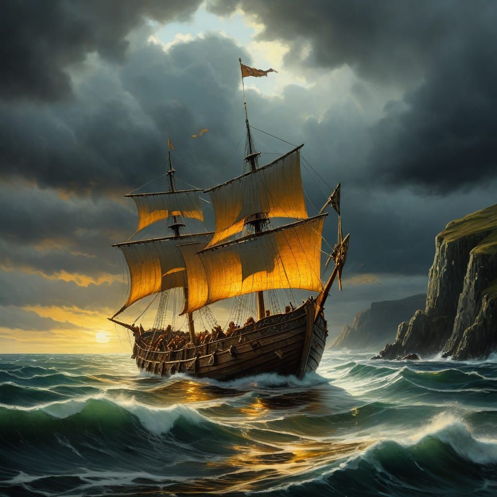 Viking Longship Sails Scottish Coast: Oil Painting