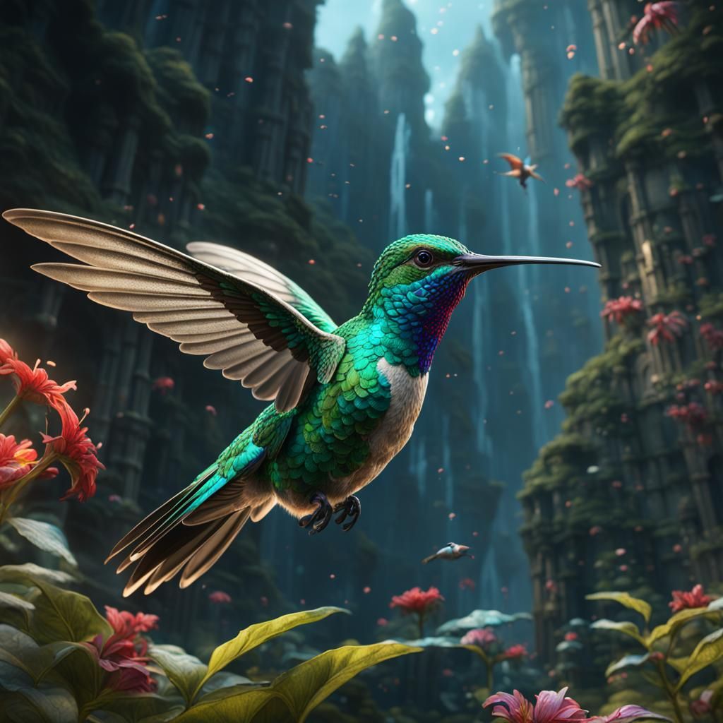 Hummingbird in Flight: Angelic Fantasy Art