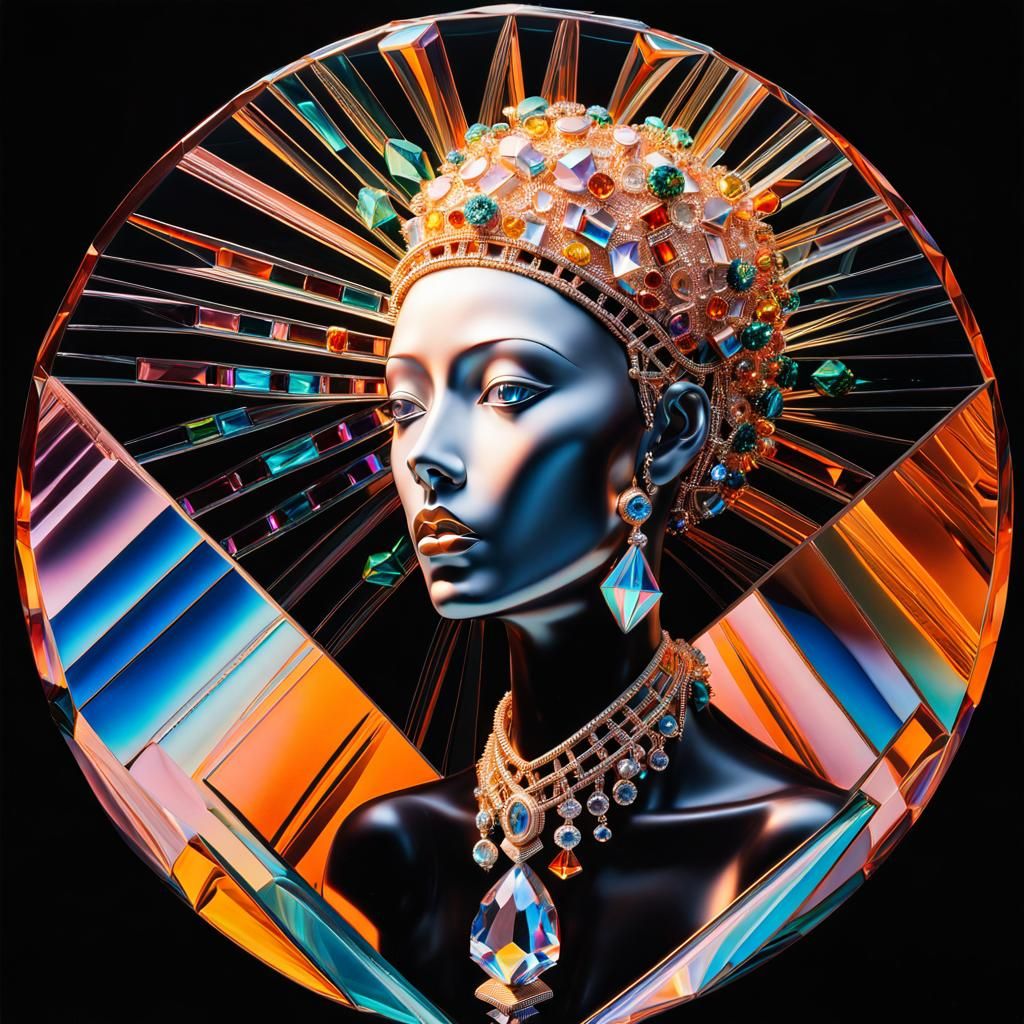 Humanoid Figure in Surrealist Gem-Encrusted Glass World