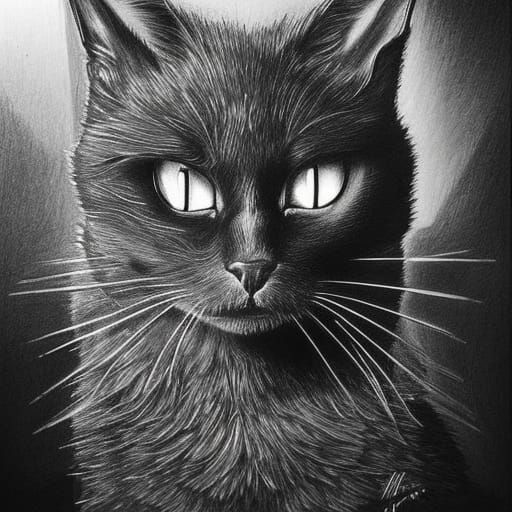 Smoky Black Cat with Magic Eyes: Pencil Sketch