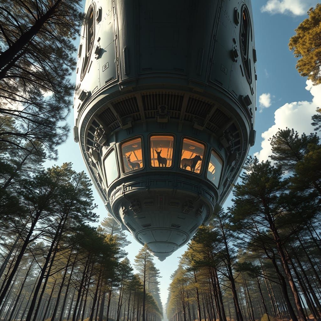 Surreal Spacecraft Lands Amidst Vibrant Forest in Hyperdetai...