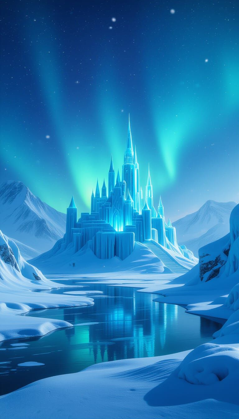 Frozen Kingdom Under Aurora With Ice Castles