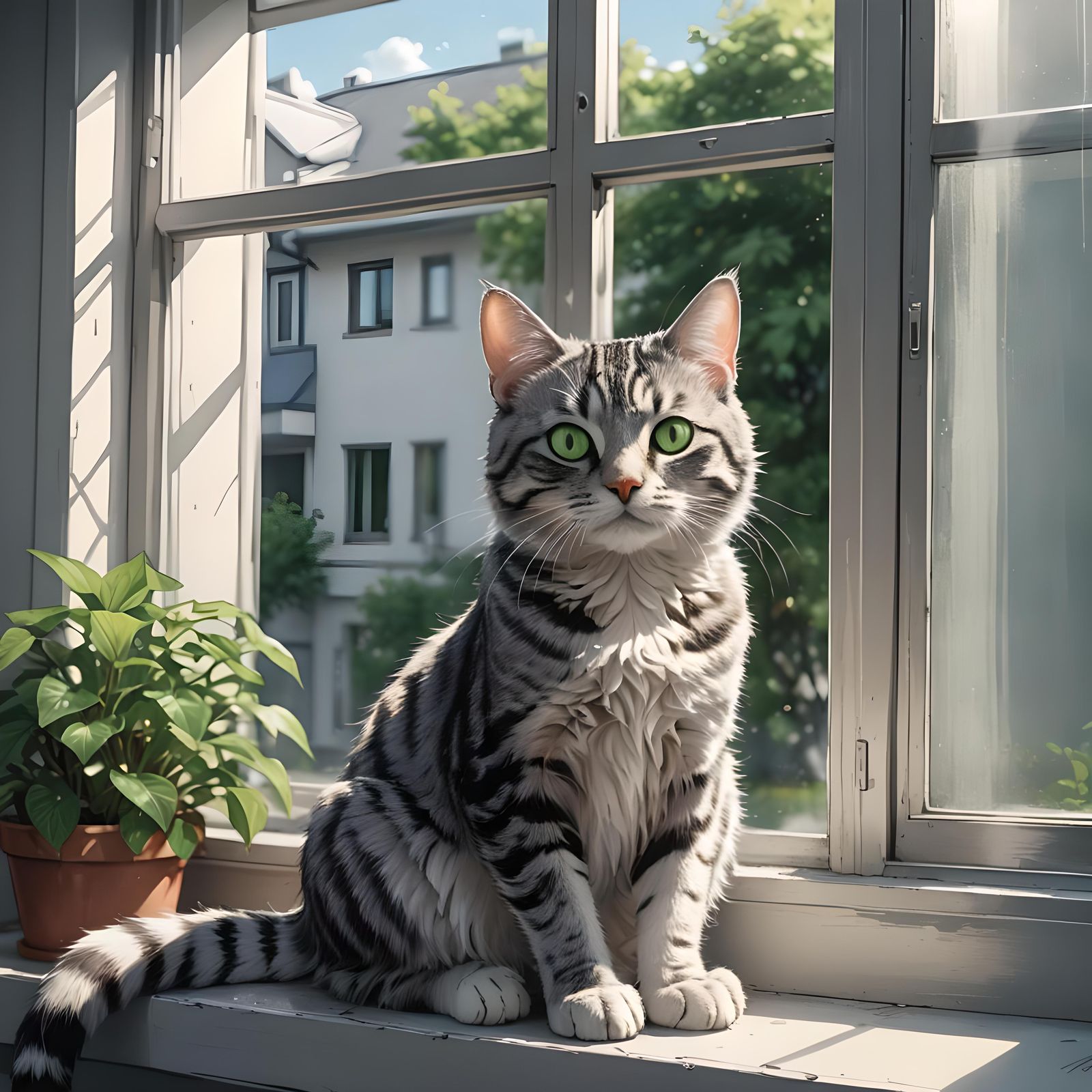 Anime Silver Tabby Cat in Window