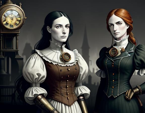 Steampunk Twins in Time Machine: Dark Fantasy Art