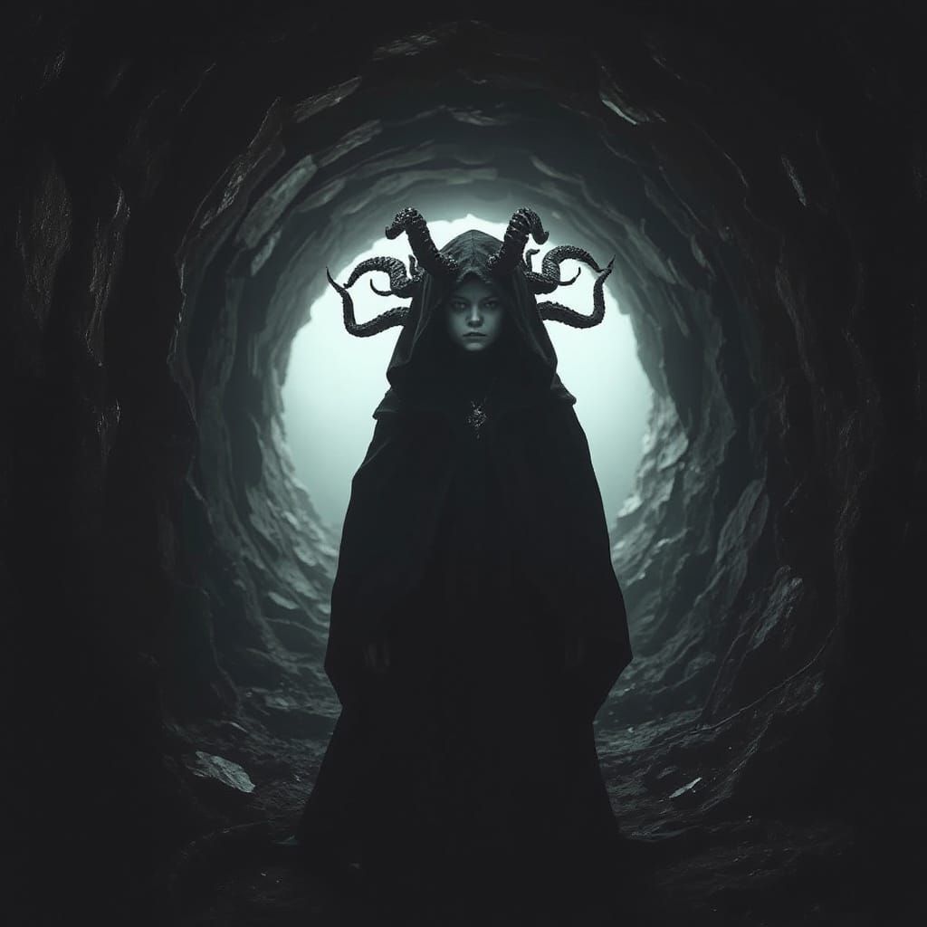 Medusa in Mystical Tunnel, Surreal Dark Art