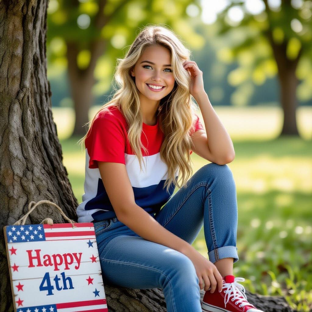 Girl with Blonde Hair in Patriotic Naive Art Style