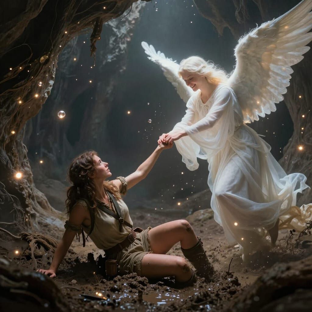 Angel Rescues Mud-Stuck Scout in Fantasy Art