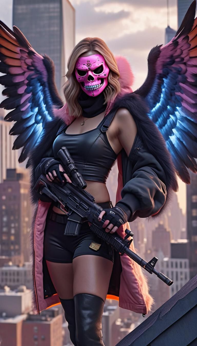 Peyton List wearing a pink skull mask