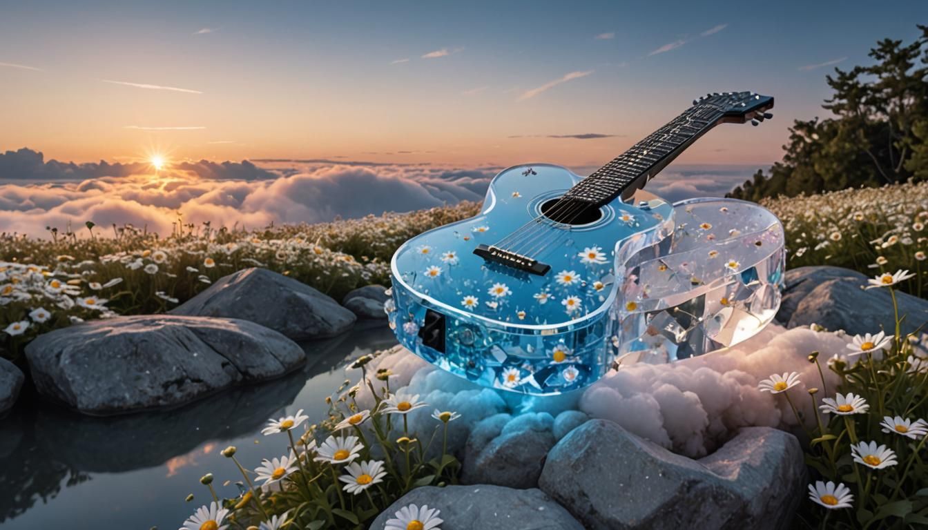 Crystal Guitar with Daisies Floating in Clouds
