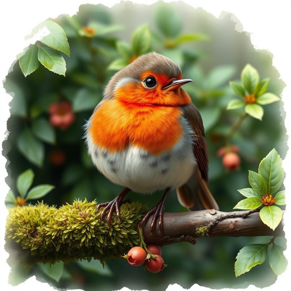 Proud Robin on Mossy Branch, Whimsical Illustration