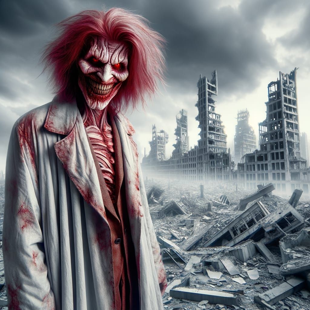 Frightening Post-Apocalyptic Figure Stands Amidst Ruined Cit...