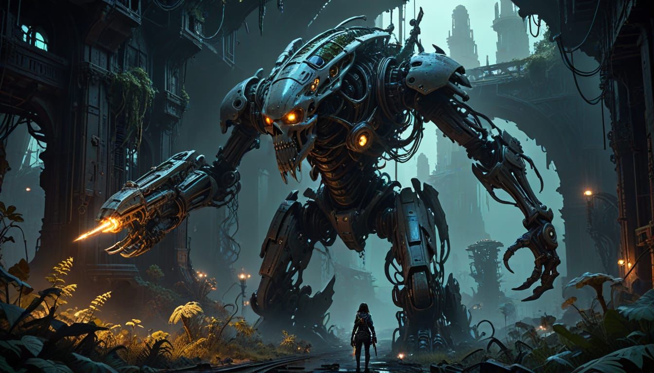 Female Adventurer Explores Giant Mech City Ruins