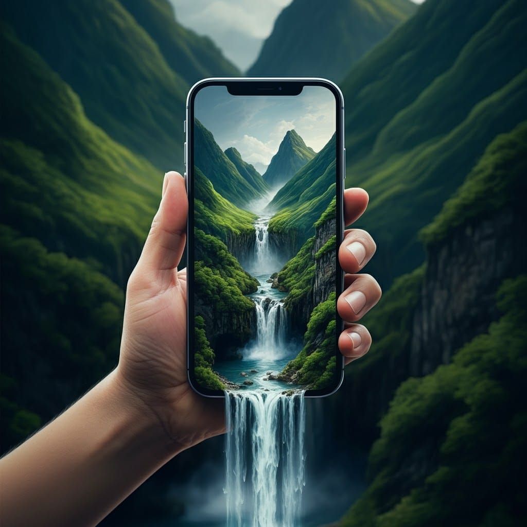 Hand-Painted Mountain Landscape with Digital Waterfall