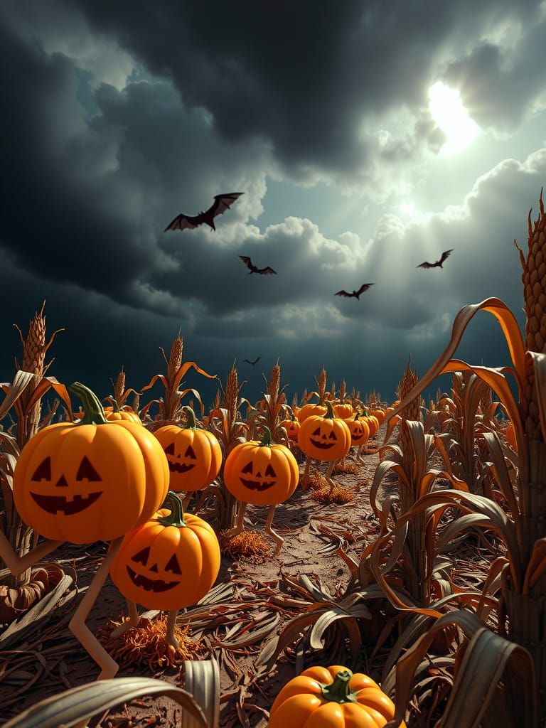Cartoon Pumpkins Fleeing in Stormy Field