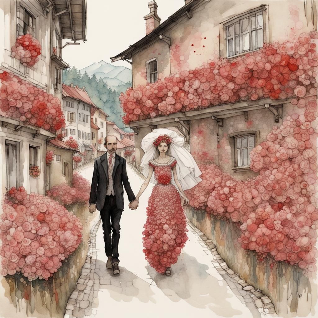 Newlyweds in Swiss Village, Detailed Illustration