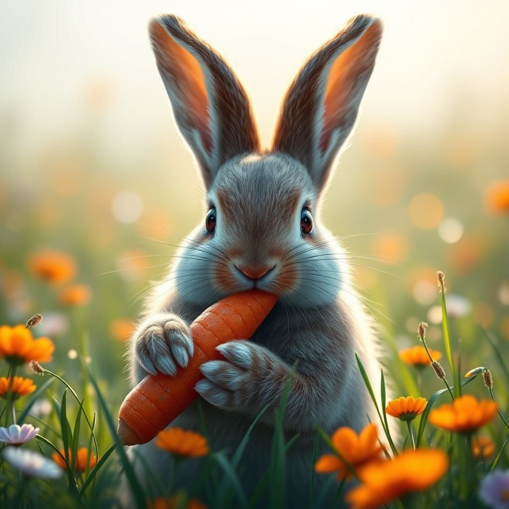 Majestic Bunny in Lush Meadow, Savoring Crunchy Carrot