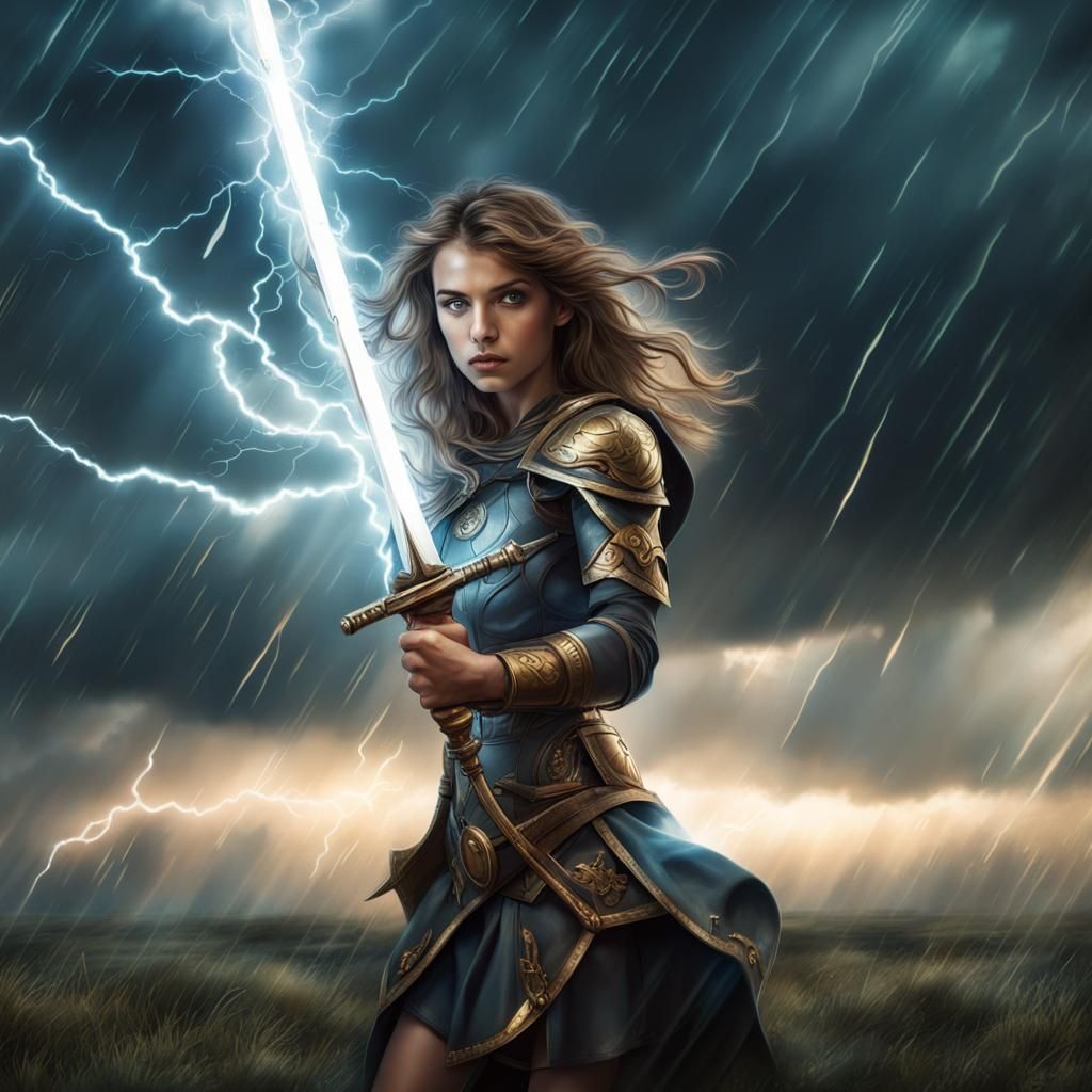Comic Book Girl with Magic Sword in Lightning Storm