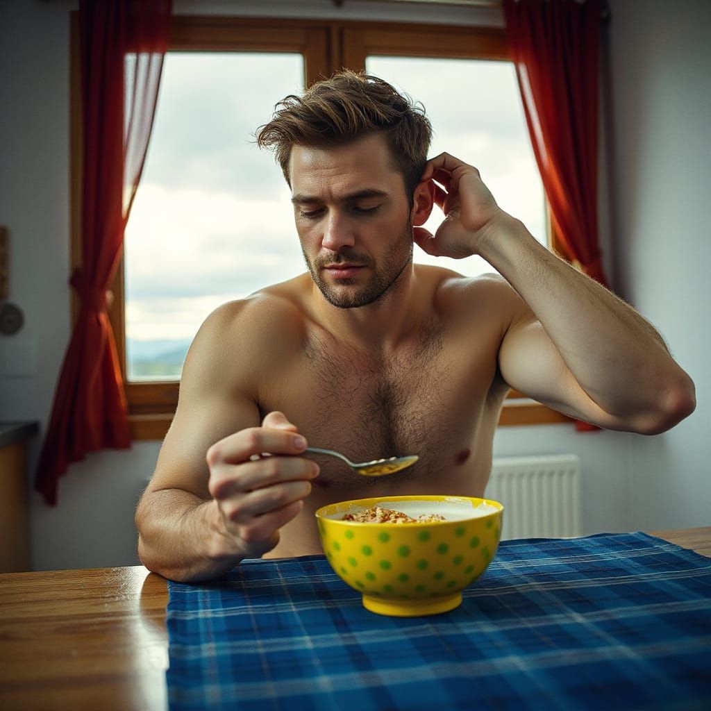 Man Eating Cornflakes: Cinematic Film Still