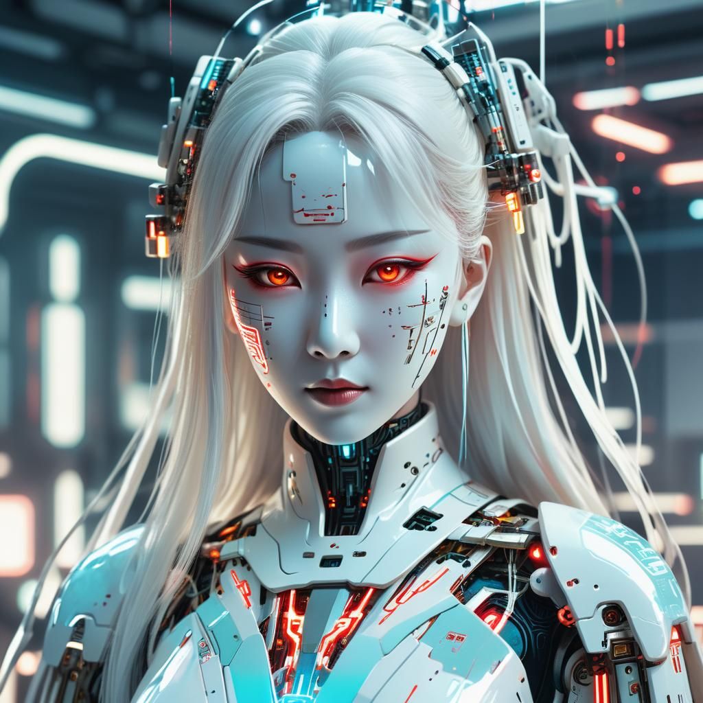 Cyberpunk Android Geisha Portrait in Futuristic Repair Bay