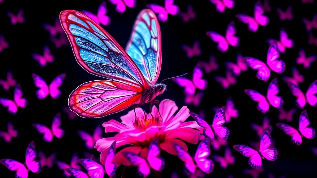 Neon Pink Fairy Butterflies on Black Background