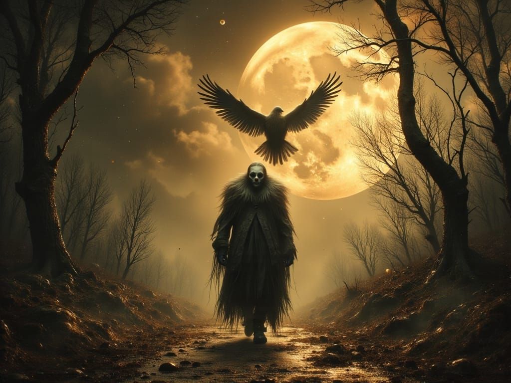 Nightmarish Clown in Twisted Forest Under Golden Moon