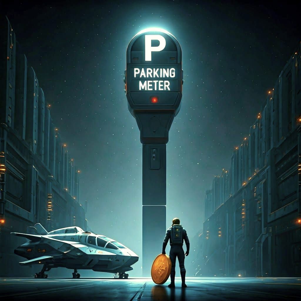 A Human Space Traveler Faces an Enormous Parking Meter in Sp...