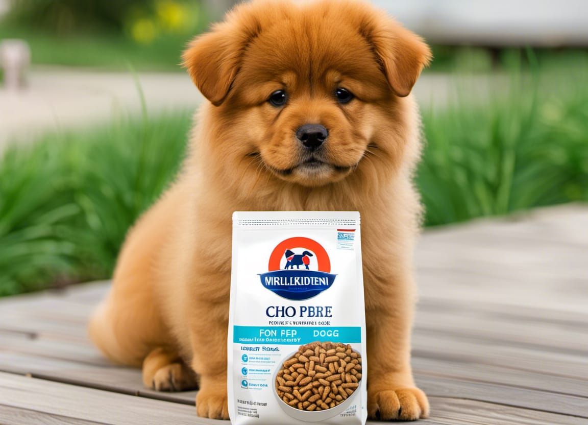 Curious Chow Puppy with Dog Food