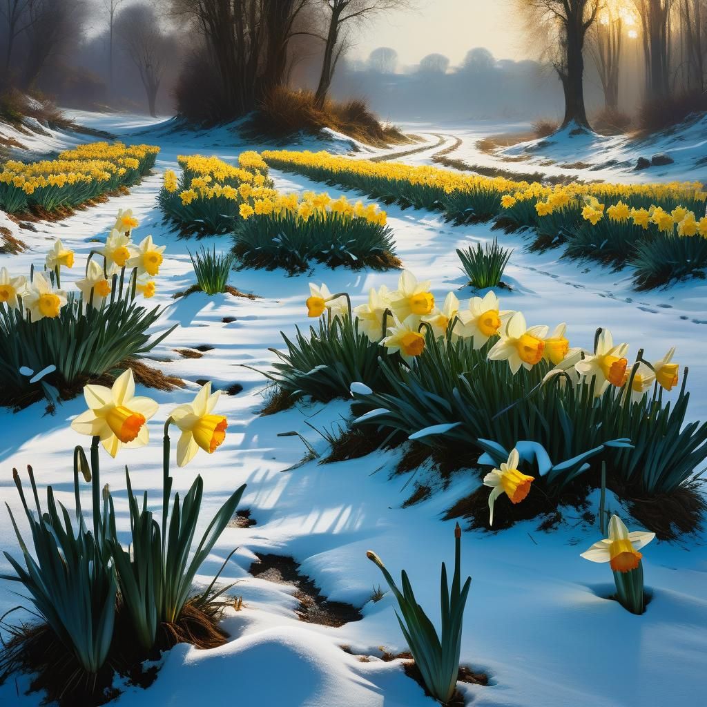 Daffodils Bloom in Snow: A Matte Painting