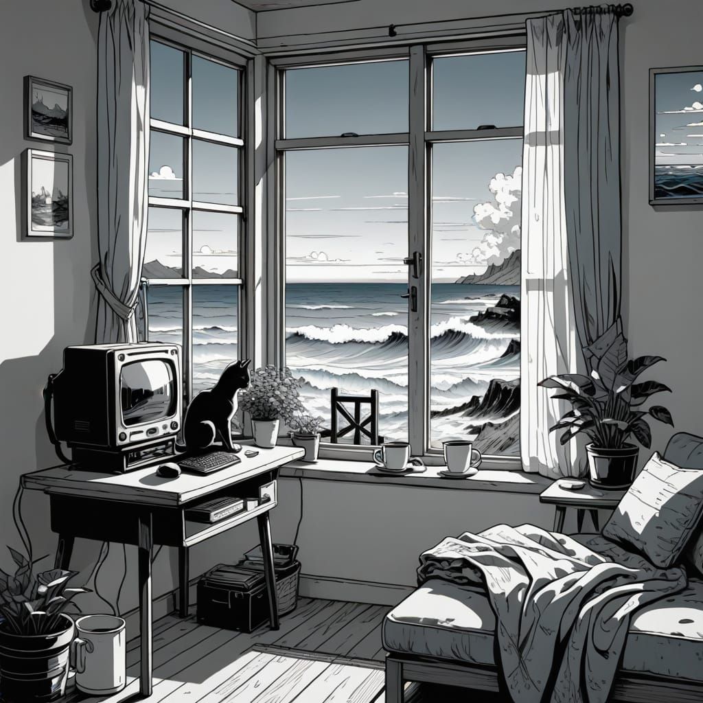Manga Room with Cat and Ocean View