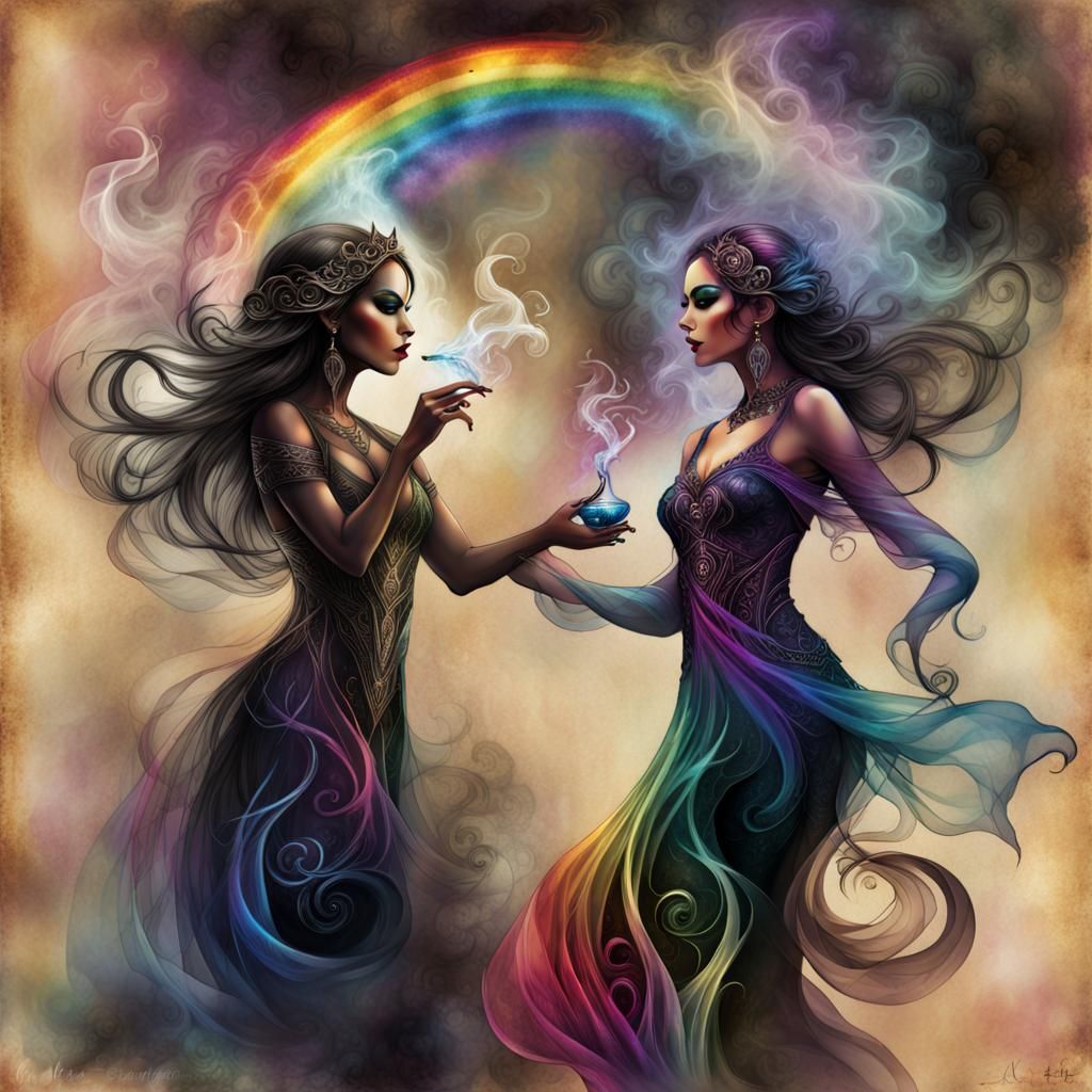 Gothic Woman Dancing in Rainbow Smoke, Digital Art