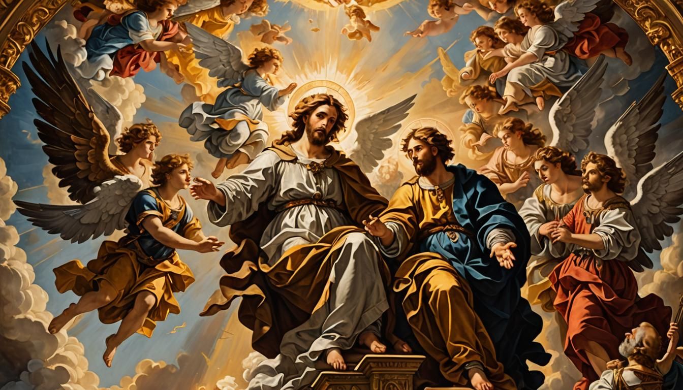 Majestic God Enthroned with Angels: A Baroque Oil Painting