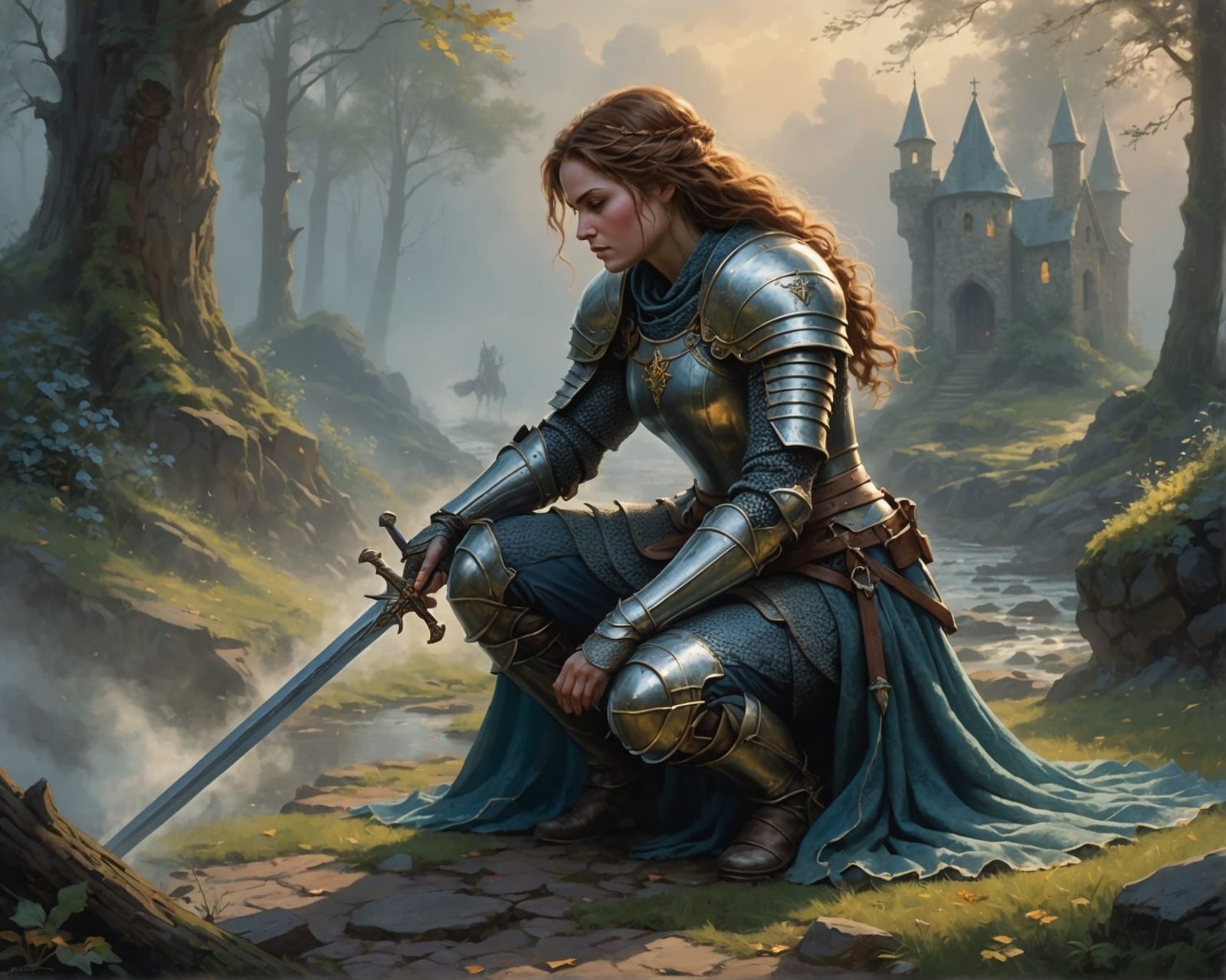 Woman Knight After Battle in Ethereal Style