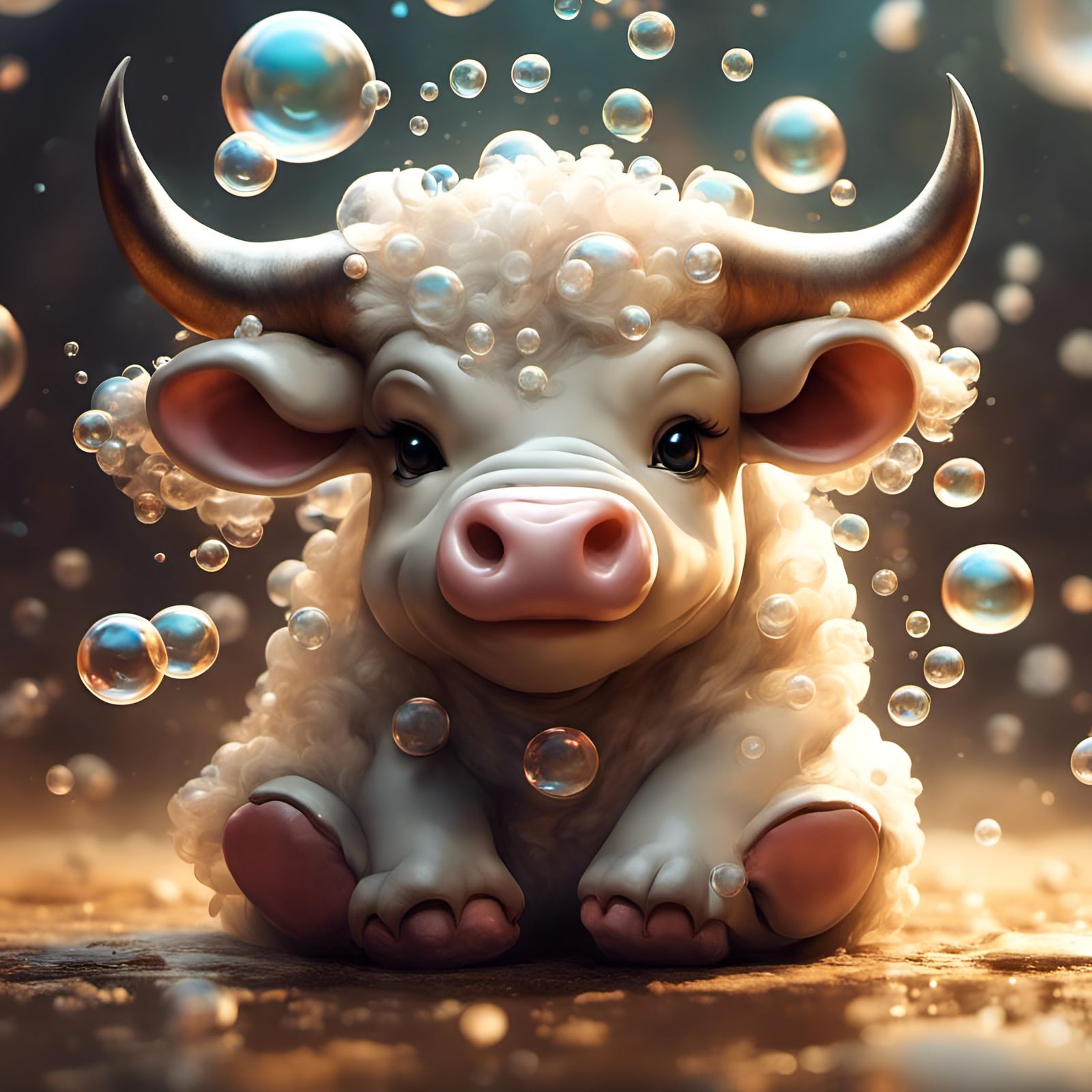 Adorable Chibi Bull Surrounded by Bubbles