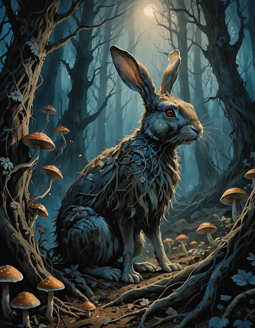 Undead Rabbit in Mystical Forest Illustration