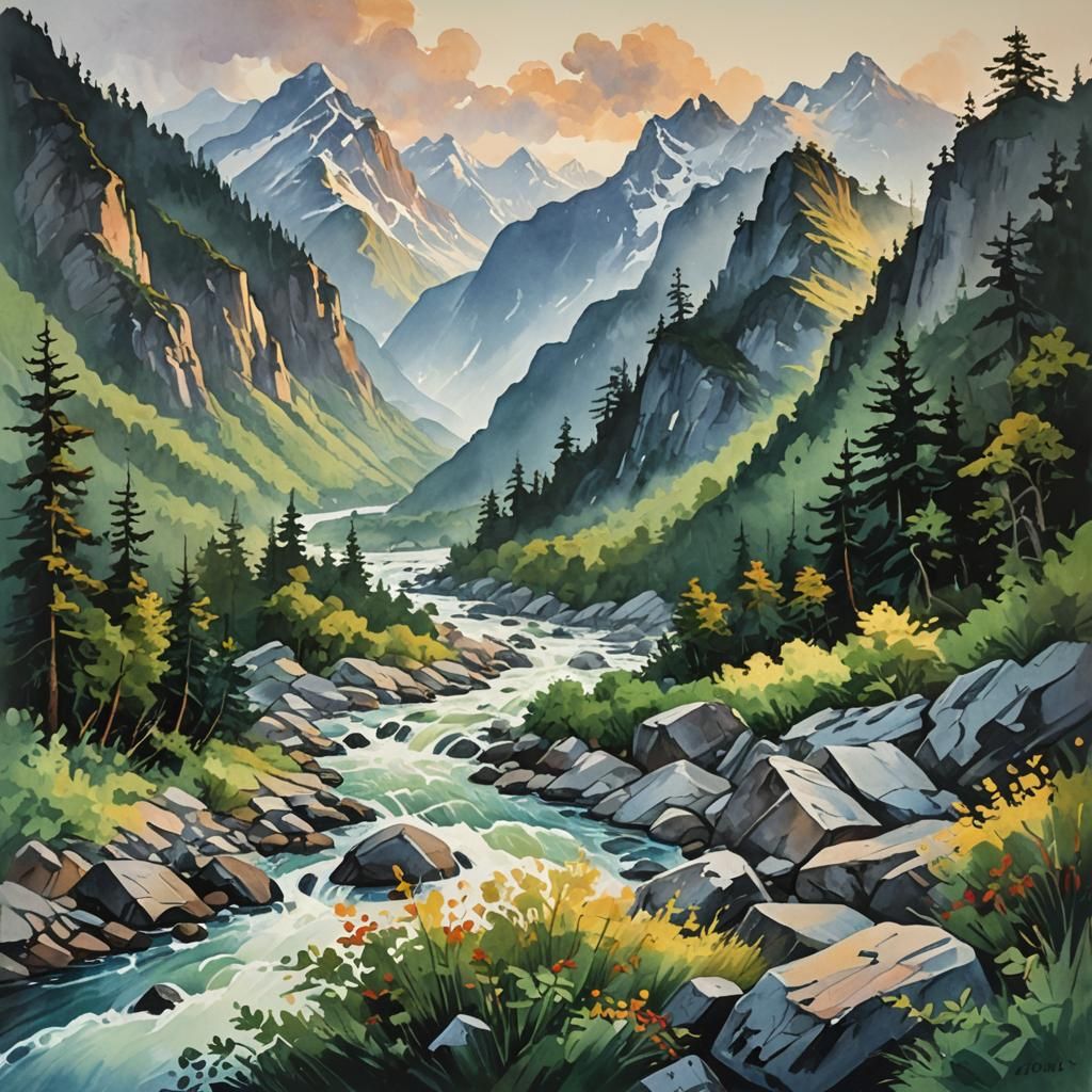 Majestic River Runs Through Misty Mountain Range