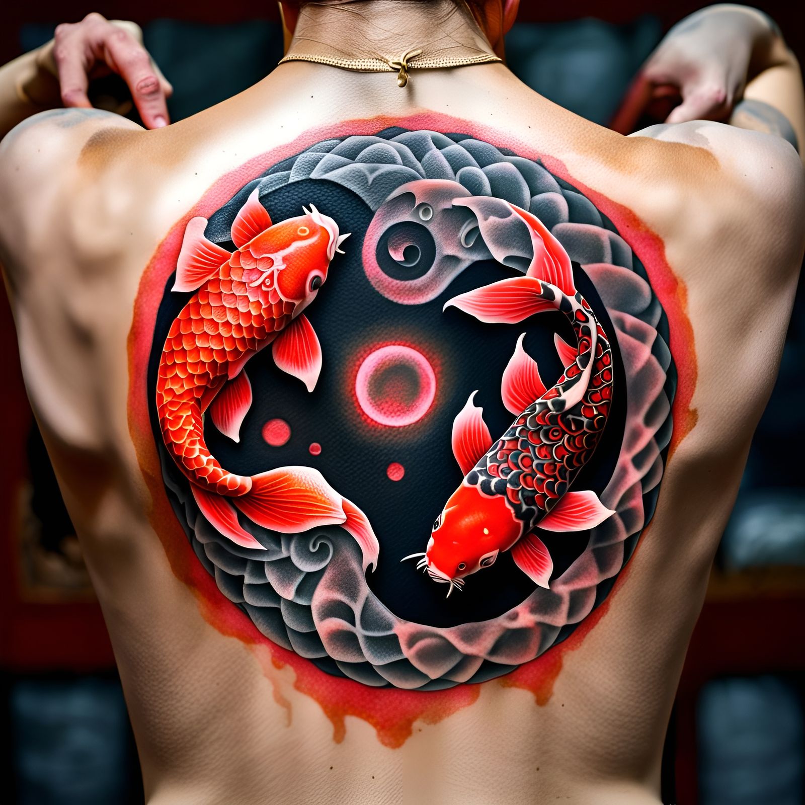 Yin and Yang Koi Fish Back Tattoo