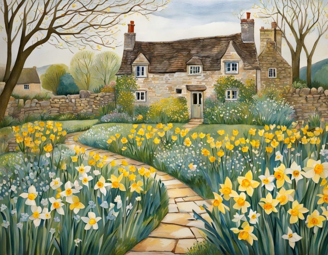 Springtime in a Traditional Cotswold Garden Scene
