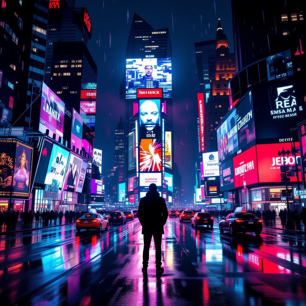 Man's Face Glitches on Times Square Billboards at Night