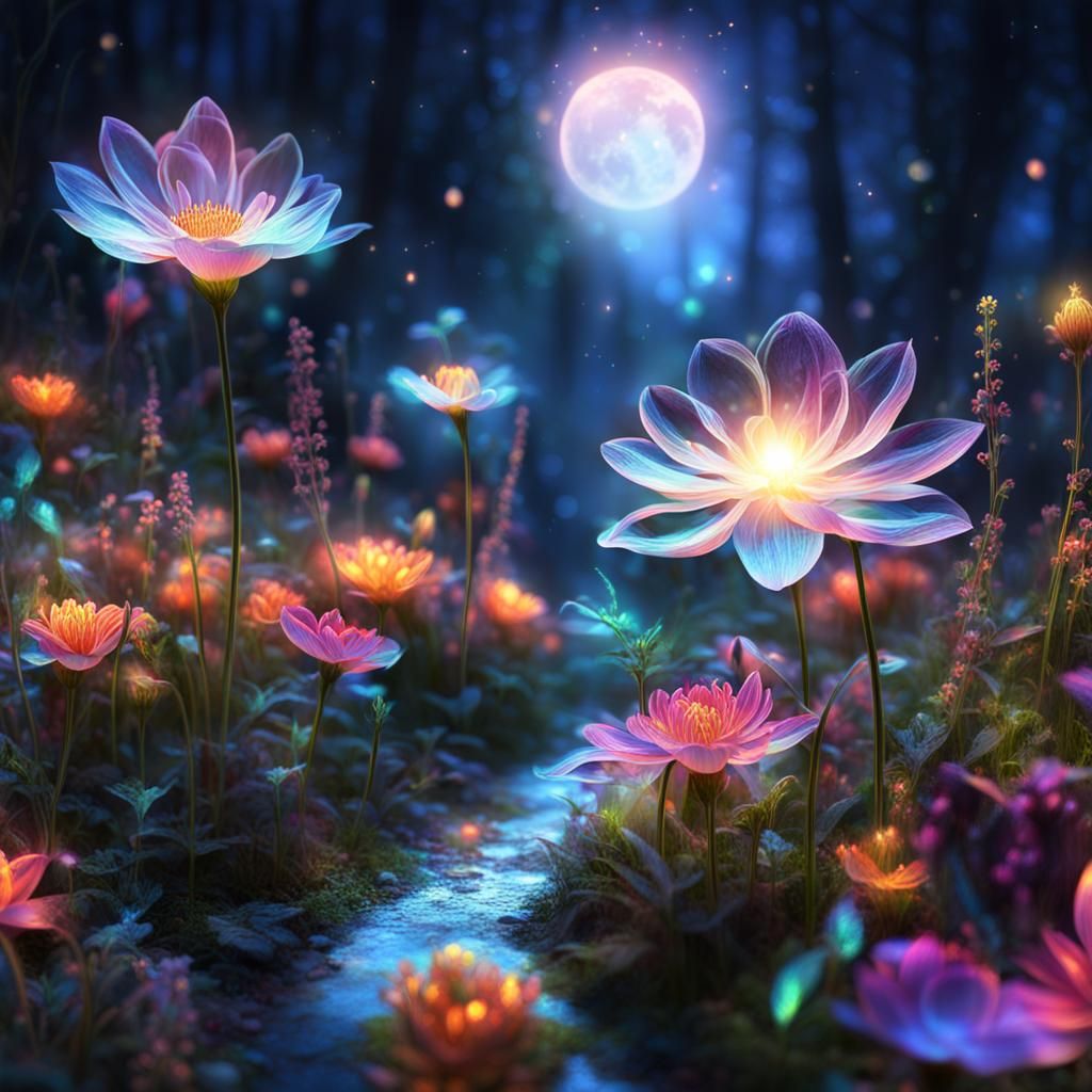 Ethereal Glowing Flowers in Flickering Light