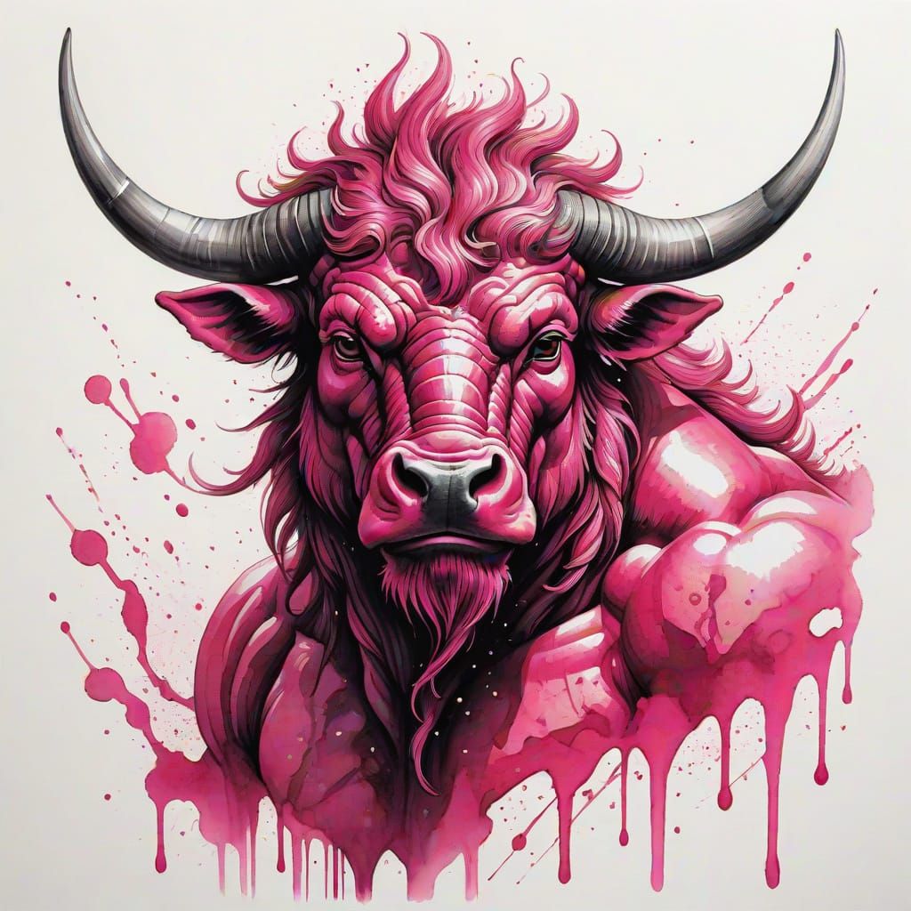 Detailed Pink Ink Painting of a Minotaur