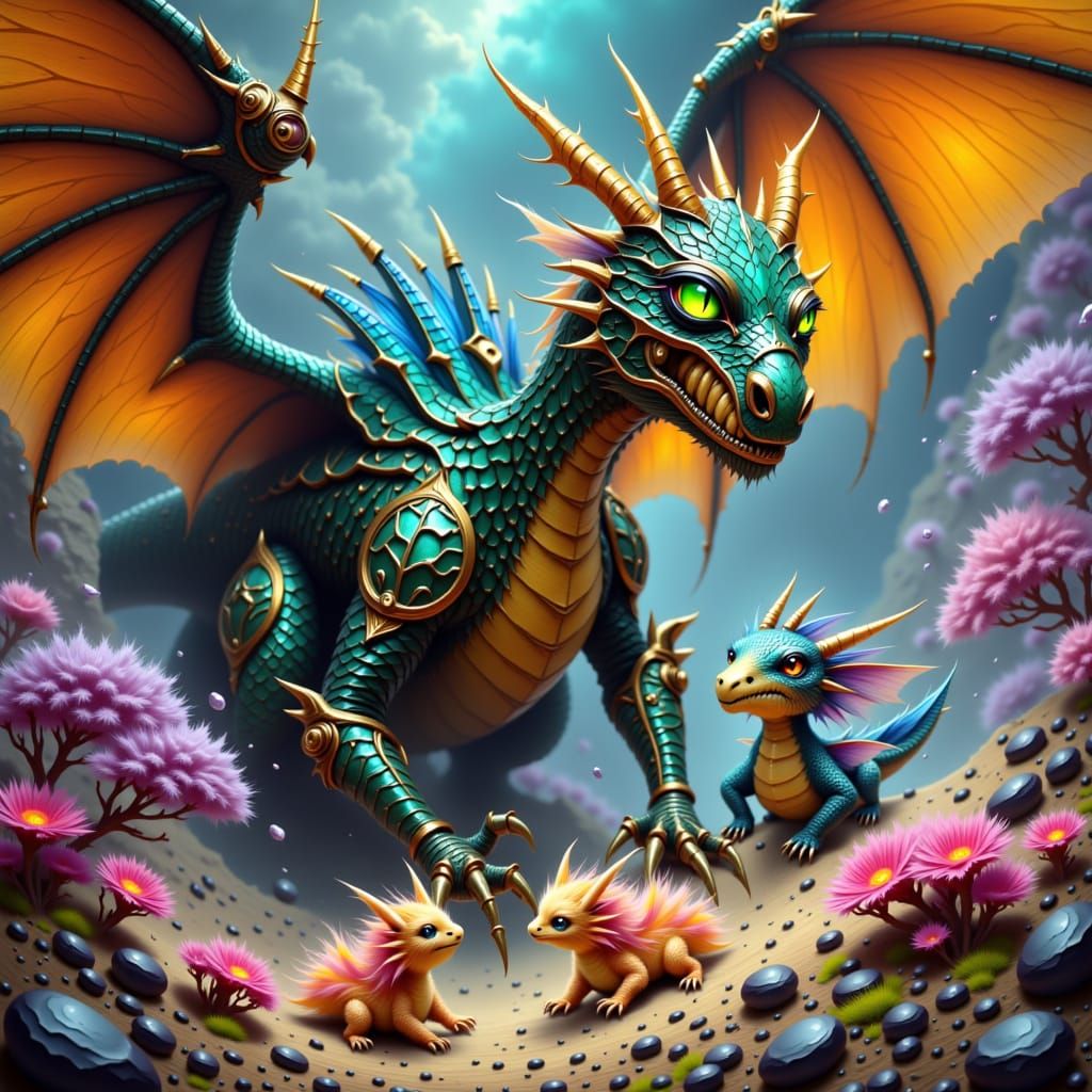 Majestic Dragon Watches Over Fledglings in Fantasy Art Style