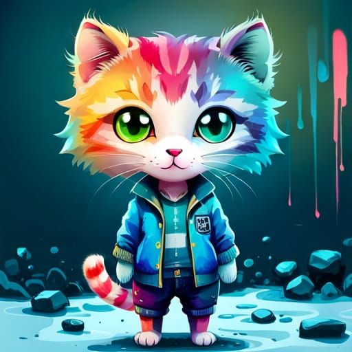 Chibi Cat in Urban Style: Detailed Polychromatic Painting