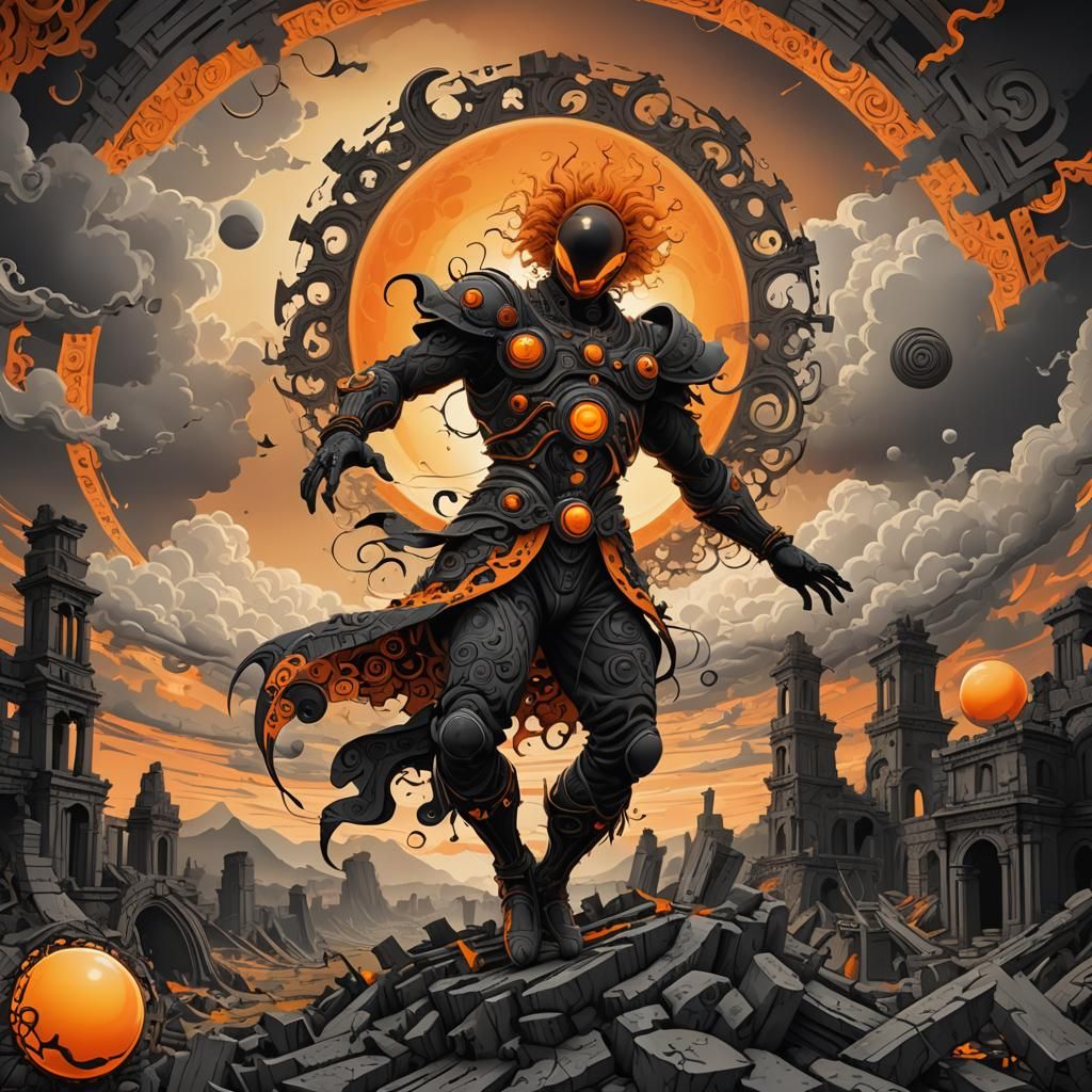 Dancer in Ruins Under Orange Sun