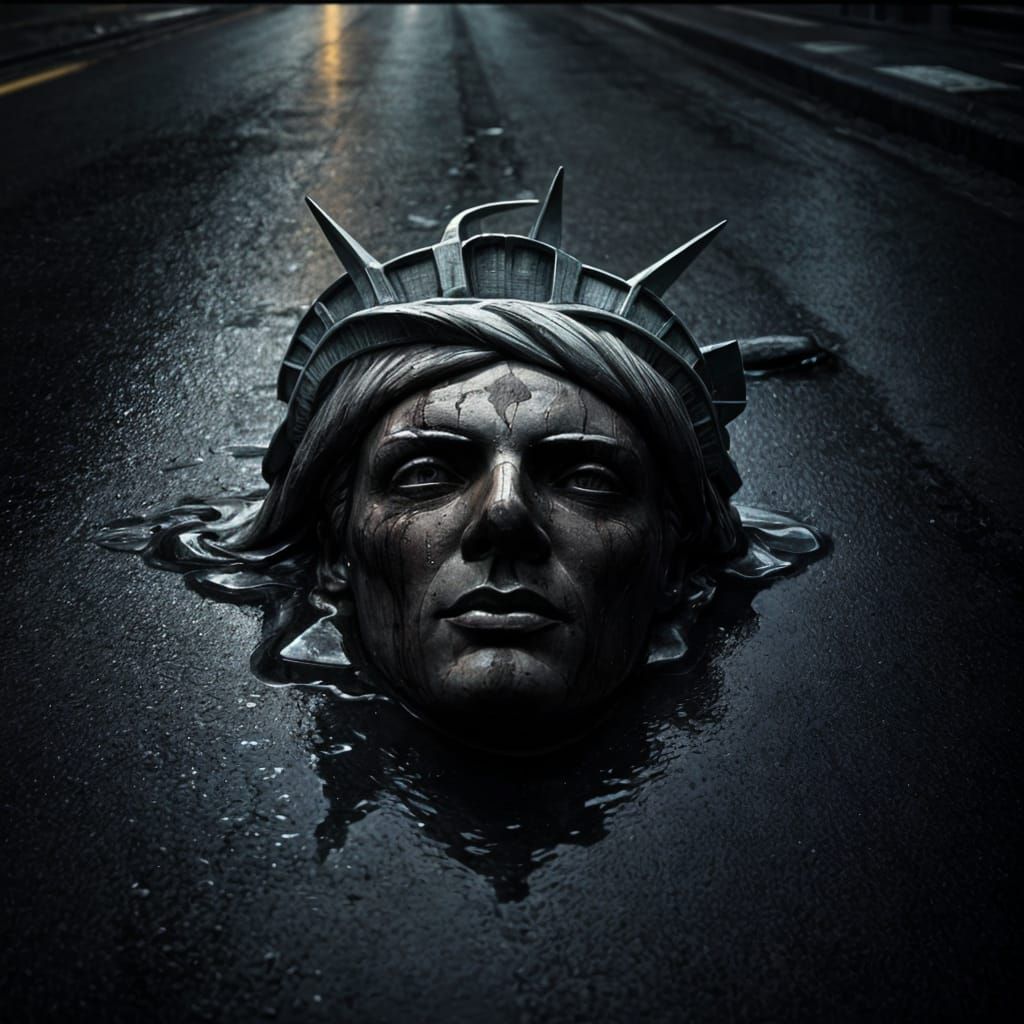 Disturbing Statue of Liberty Head on Asphalt