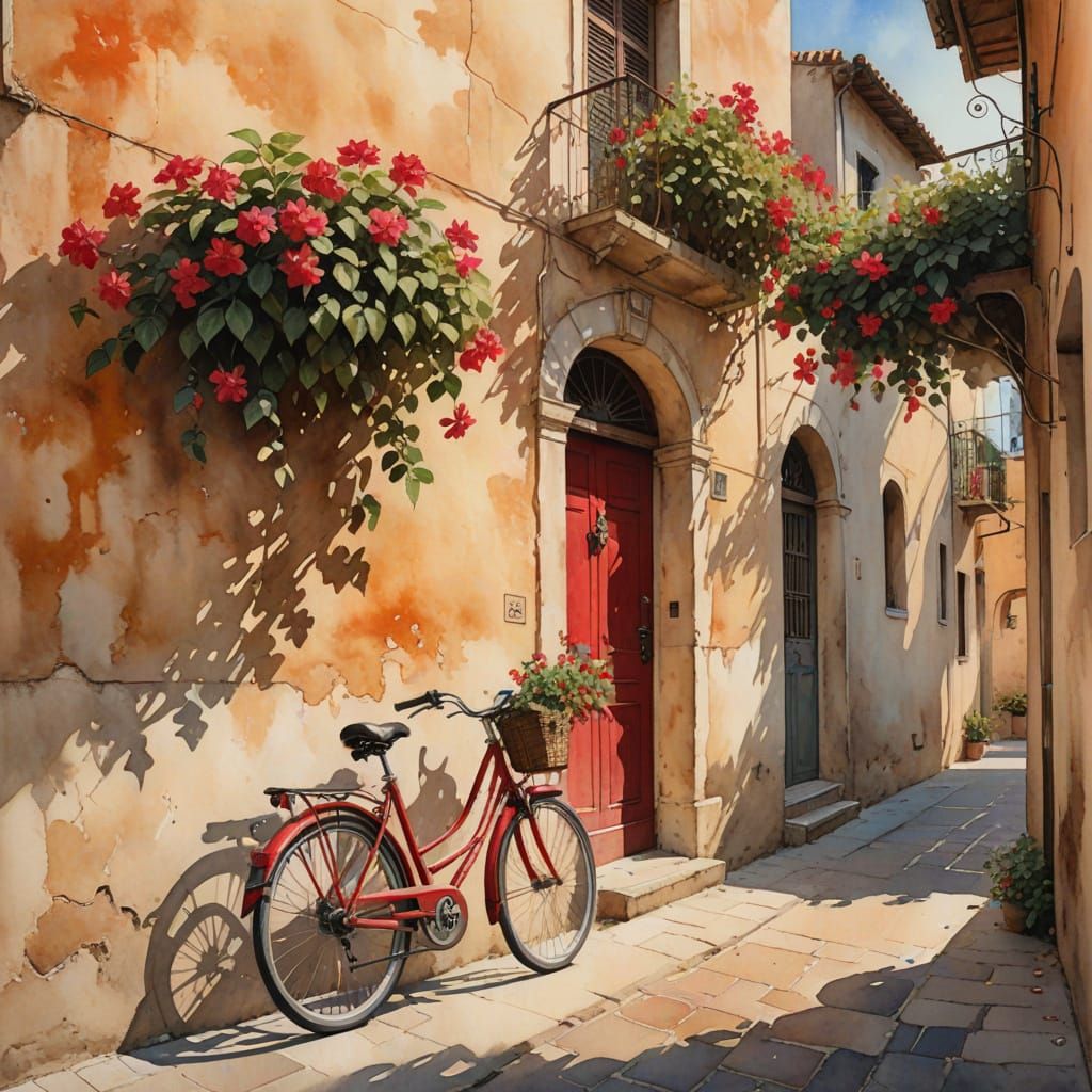Italian Street Scene in Watercolor Style