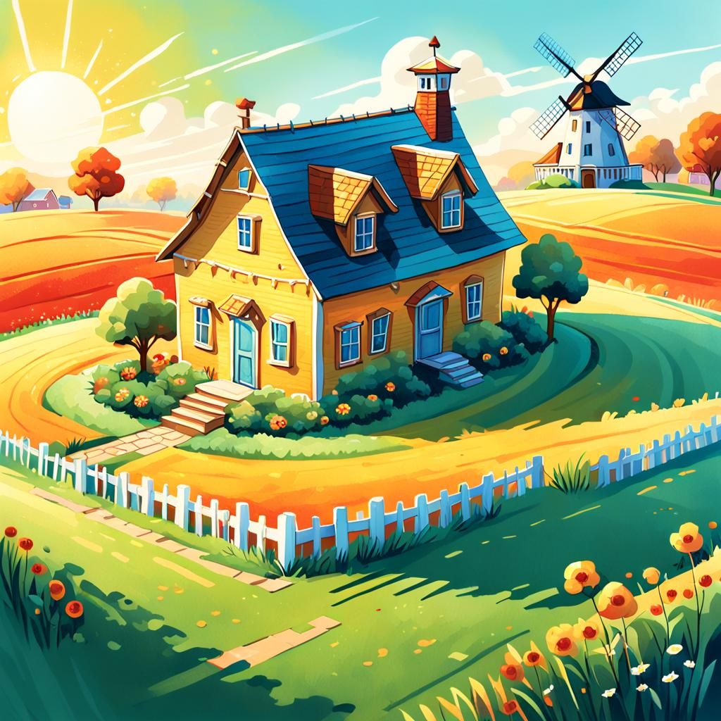 Whimsical House and Windmill Illustration in Folk Art Style